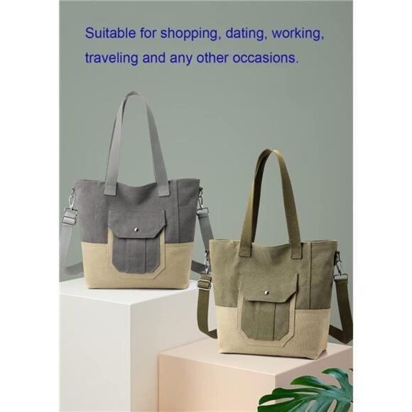 Canvas Tote Bag for Women Small Handbag with Zipper Shoulder - Picture 6 of 6